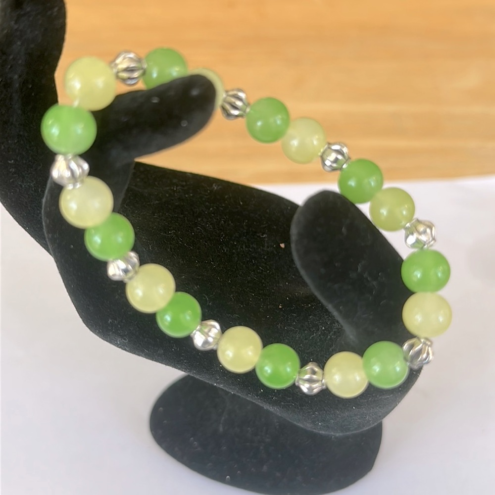 New Handmade Beaded Ladies Bracelet in Shades of Green with Silver